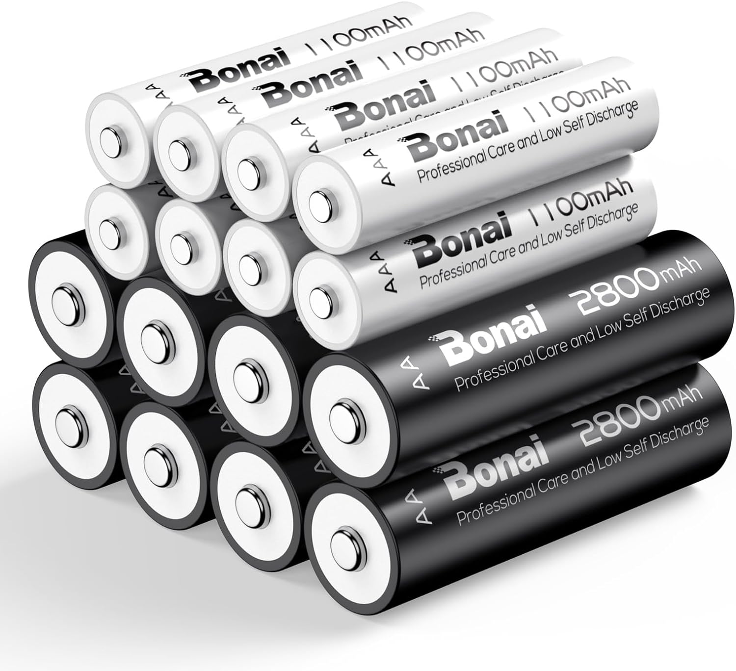 BONAI 8xAA et 8xAAA 2800/1100mAh Piles Rechargeables, 1.2V Ni-MH Accu LR3 et LR6 Rechargeables, Batteries Grande Capacité, pré-chargées, 1200 Cycle...