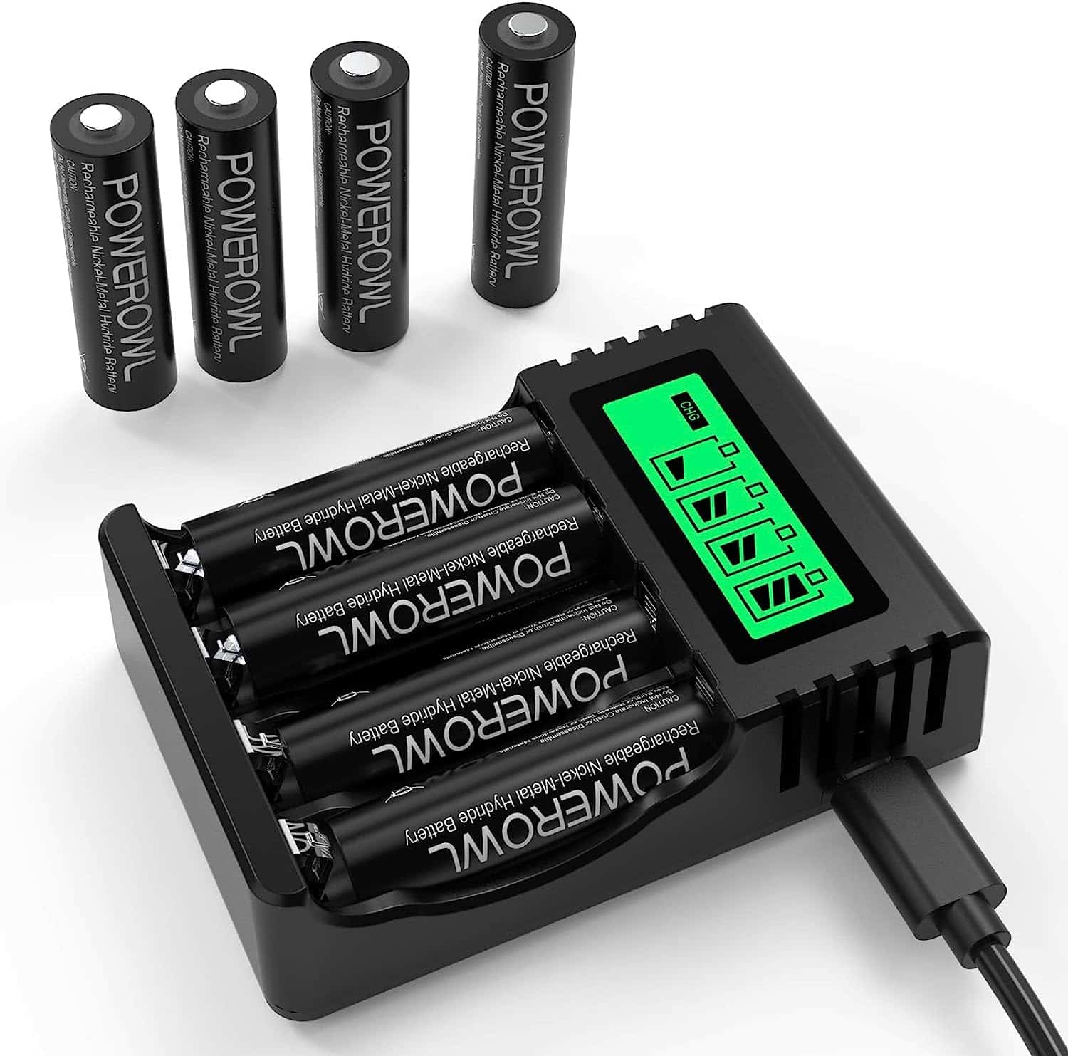 POWEROWL Chargeur de Piles Ensemble de Chargeur Rapide LCD 8 Piles Rechargeables AA Durabilité de Grande capacité Combinaison de Batterie et Charge...